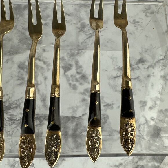 Vintage Mid Century Modern Siam Appetizer Forks 9 Piece Brass Thailand Buddha - Picture 4 of 8